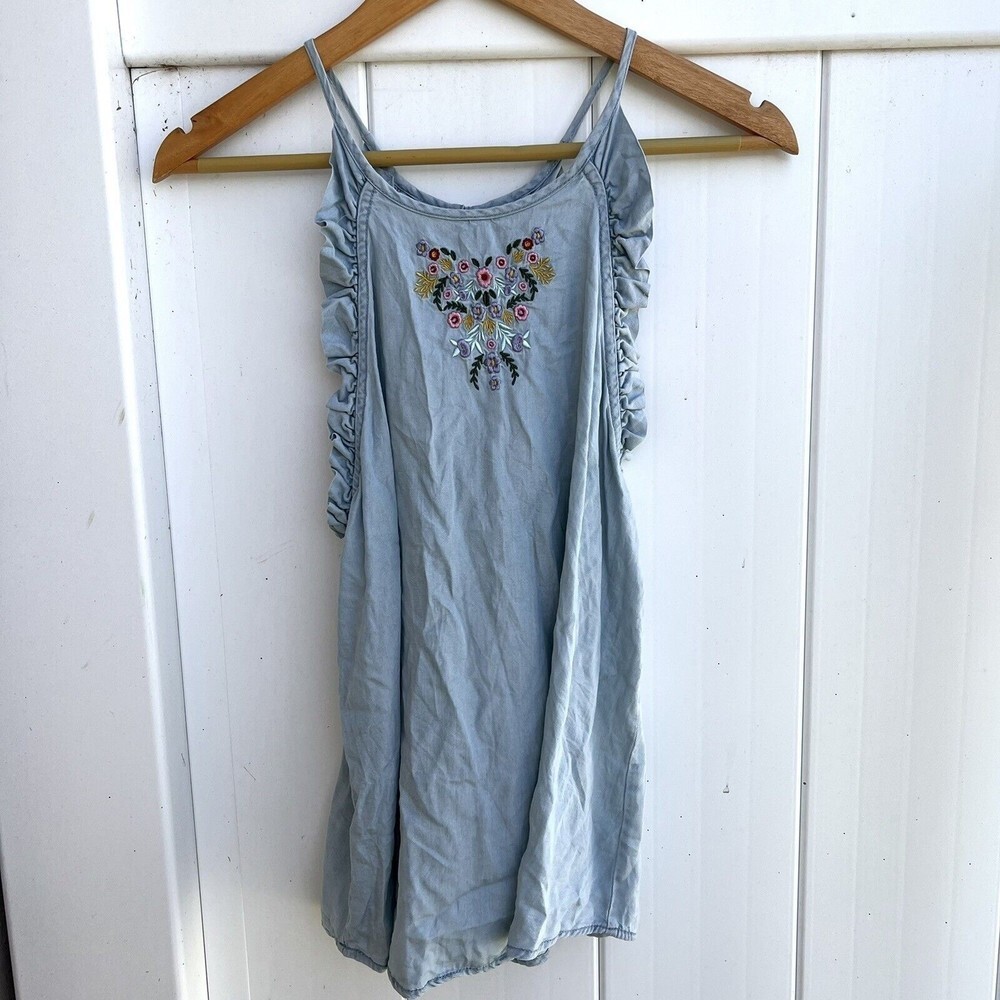 Francescas Blue Rain Tank Top Chambray Blue Embroidered High Neck Ruffle Small